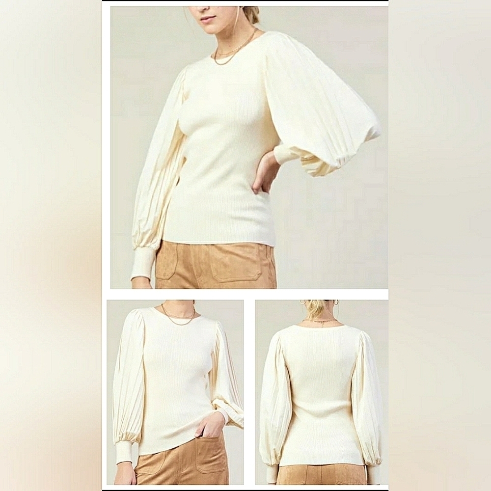 Boho Ruffle 1X Knit Soft Stretch Long Pleated Sleeve Sweater New
